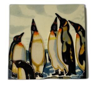 Benaya Penguin Board Meeting Penguins Square, Large Ceramic Tile, Signed Pierce